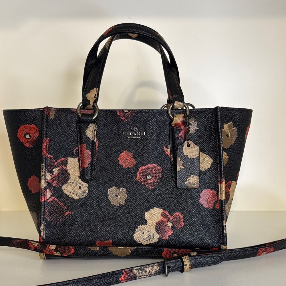 Coach Black Floral Tote with Red and Tan Blooms